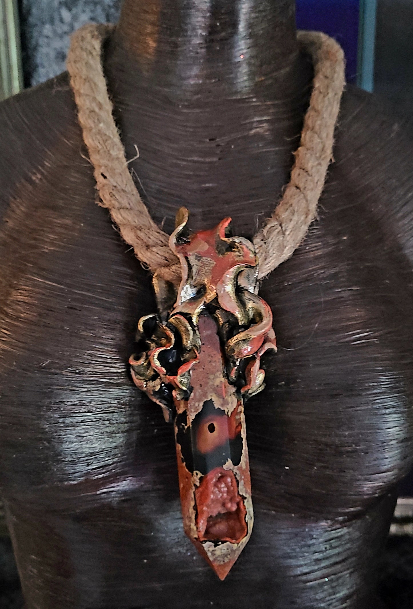 Earthy Druzy Sculpted Tower Gemstone Pendant With Hemp Rope - Unisex