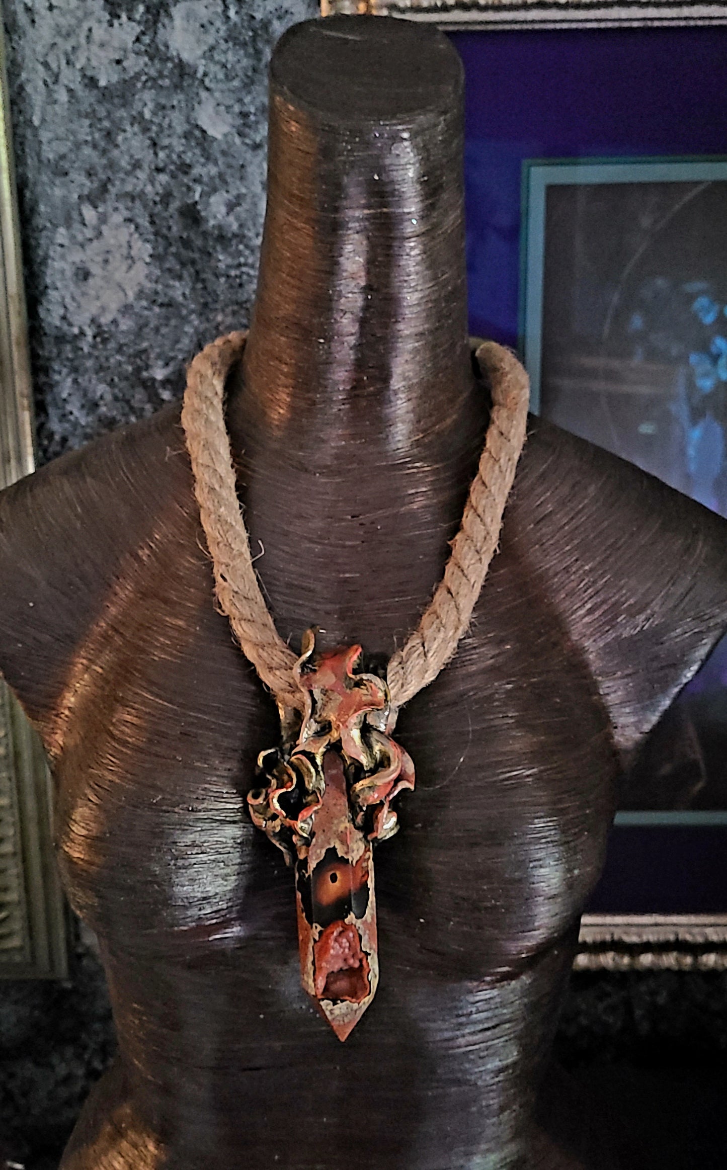 Rustic Druzy Agate Tower Pendant - Hemp Rope Talisman