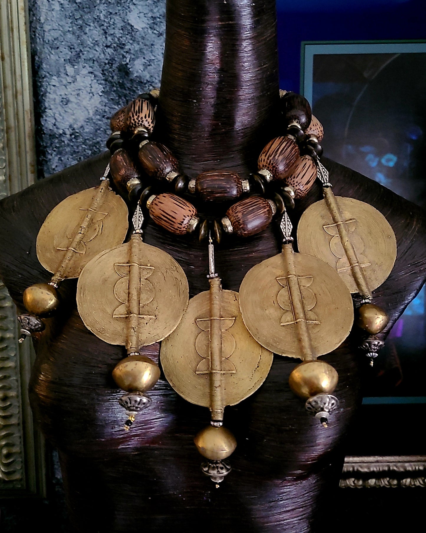 African Baule Brass Sun Disk Statement Luxury Necklace - Exquisite Drama
