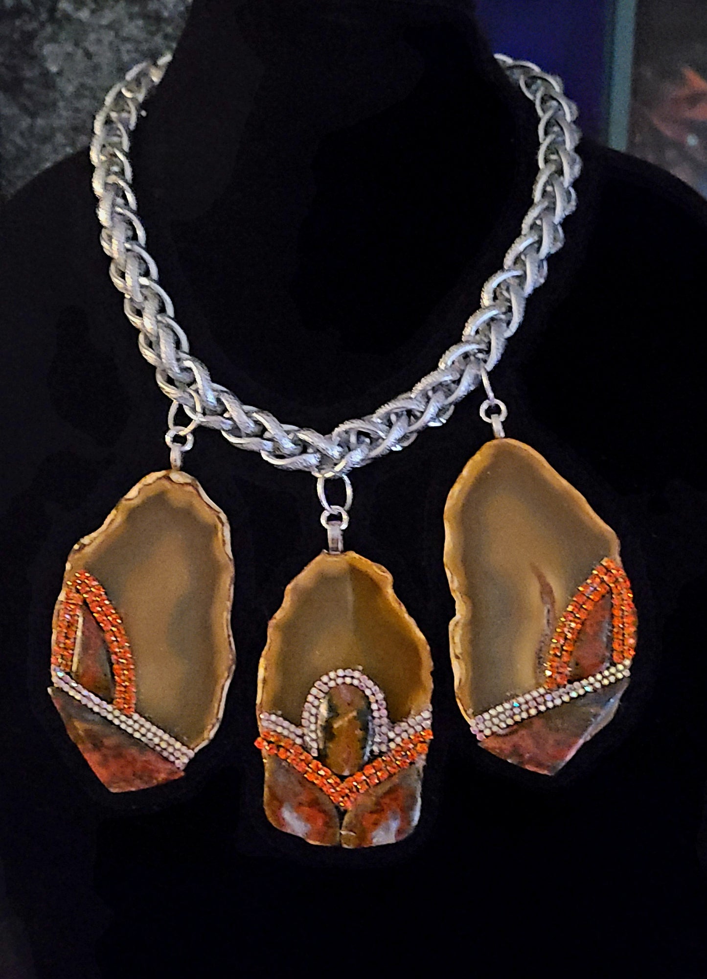 Triple Agate Jasper and Rhinestone Gemstone Pendant Statement Luxury N