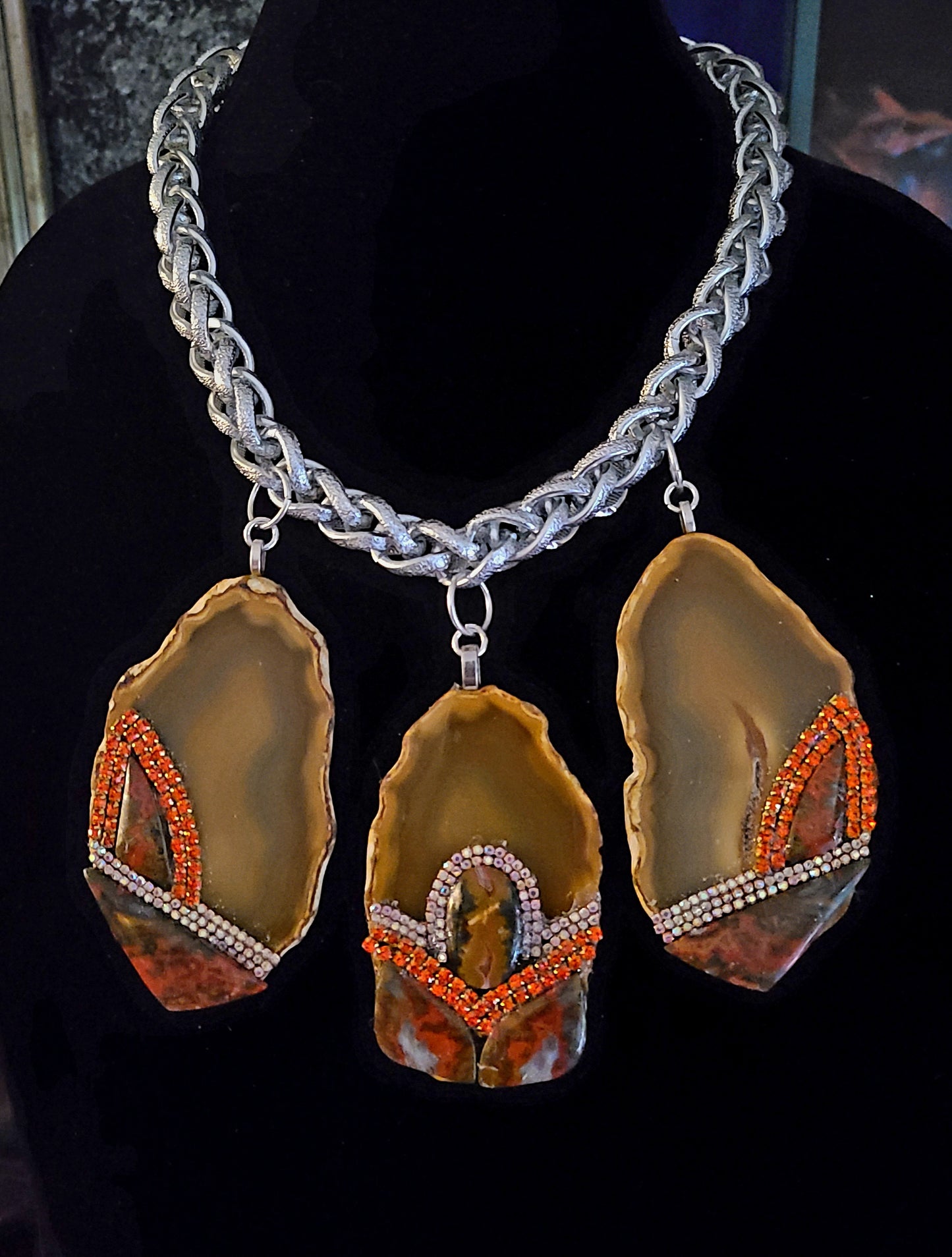 Triple Agate Jasper and Rhinestone Gemstone Pendant Statement Luxury N