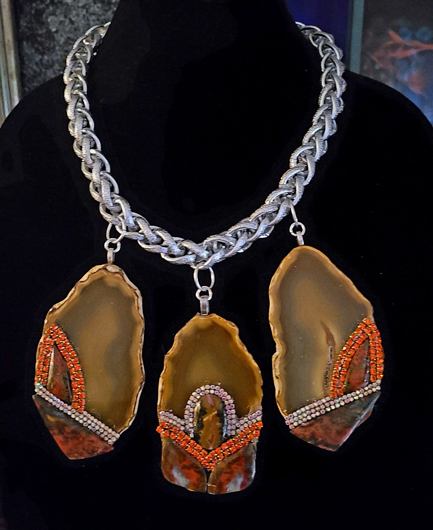 Triple Agate Jasper and Rhinestone Gemstone Pendant Statement Luxury N