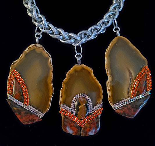 Triple Agate Jasper and Rhinestone Gemstone Pendant Statement Luxury N