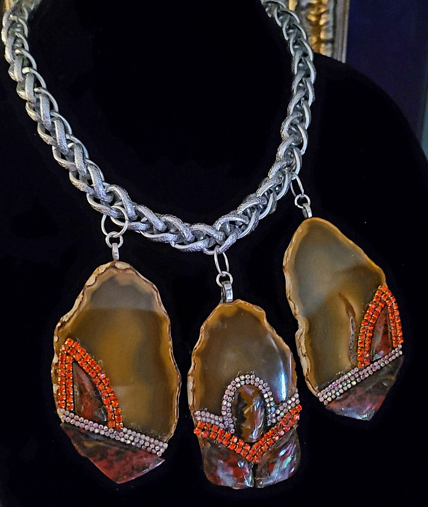 Triple Agate Jasper and Rhinestone Gemstone Pendant Statement Luxury N