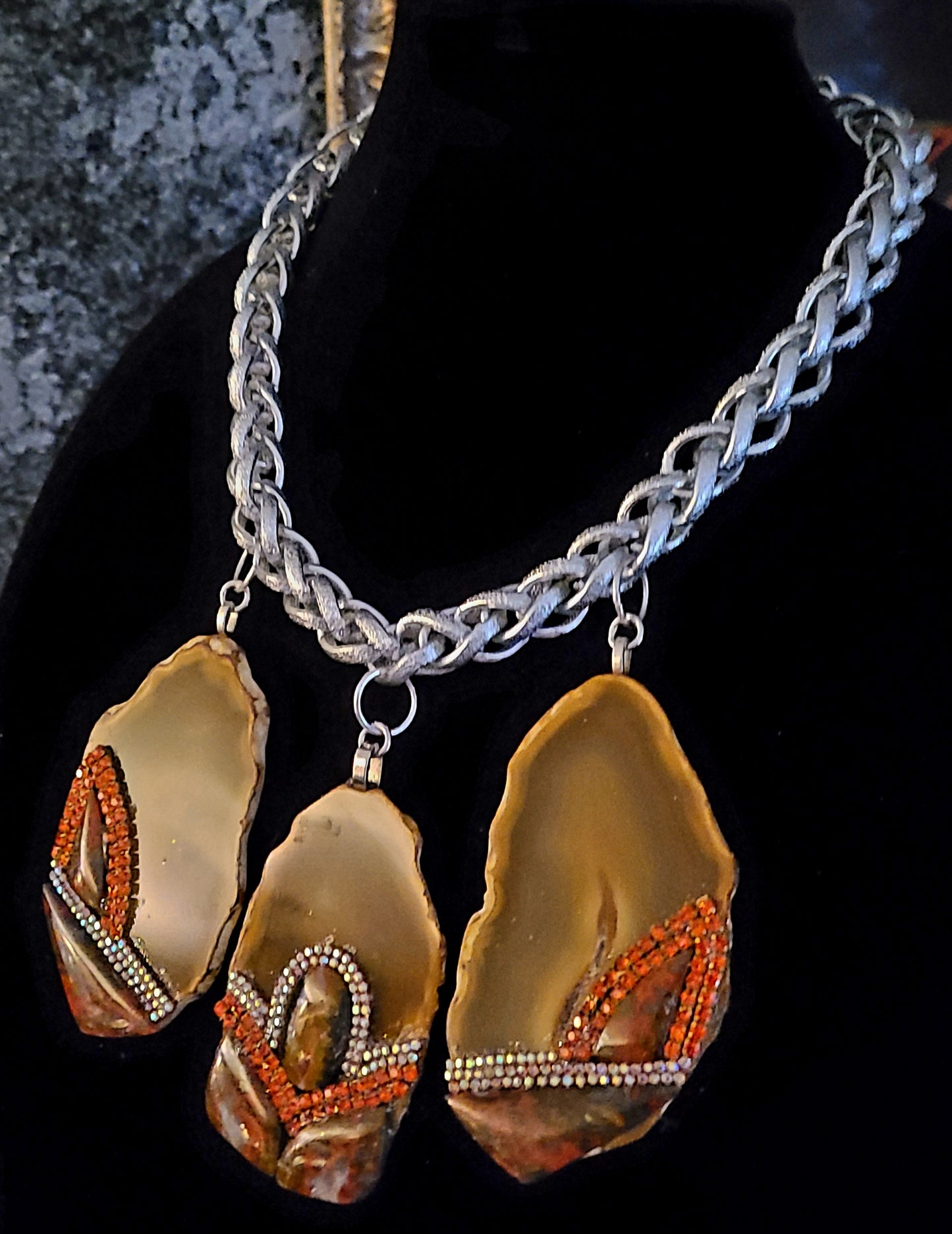 Triple Agate Jasper and Rhinestone Gemstone Pendant Statement Luxury N