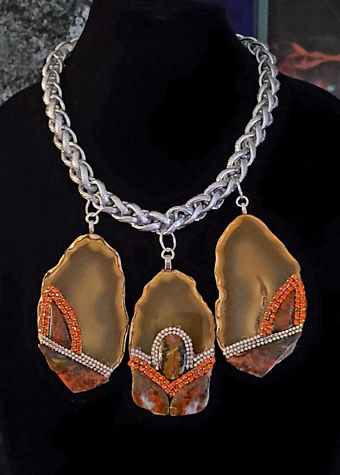 Agate & Jasper Triple Slice Statement Necklace - Unisex Gemstone Collar