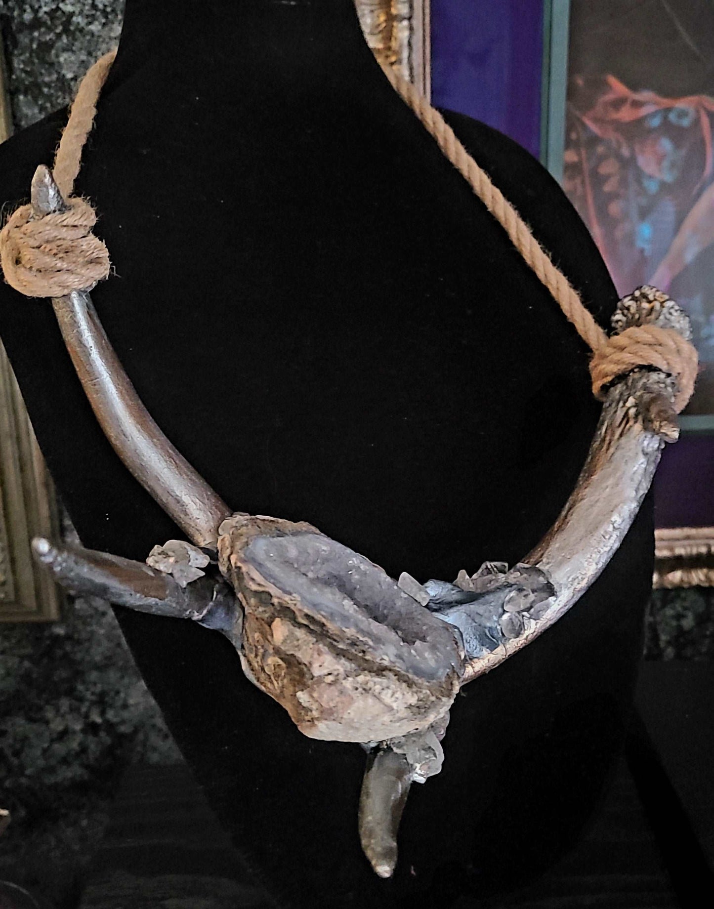 Antler & Geode Druzy Avant Garde Unisex Chest Piece, Organic Jewelry for Photoshoots, Horn and Gemstone Silver Metallic Necklace, Jute Rope Amulet