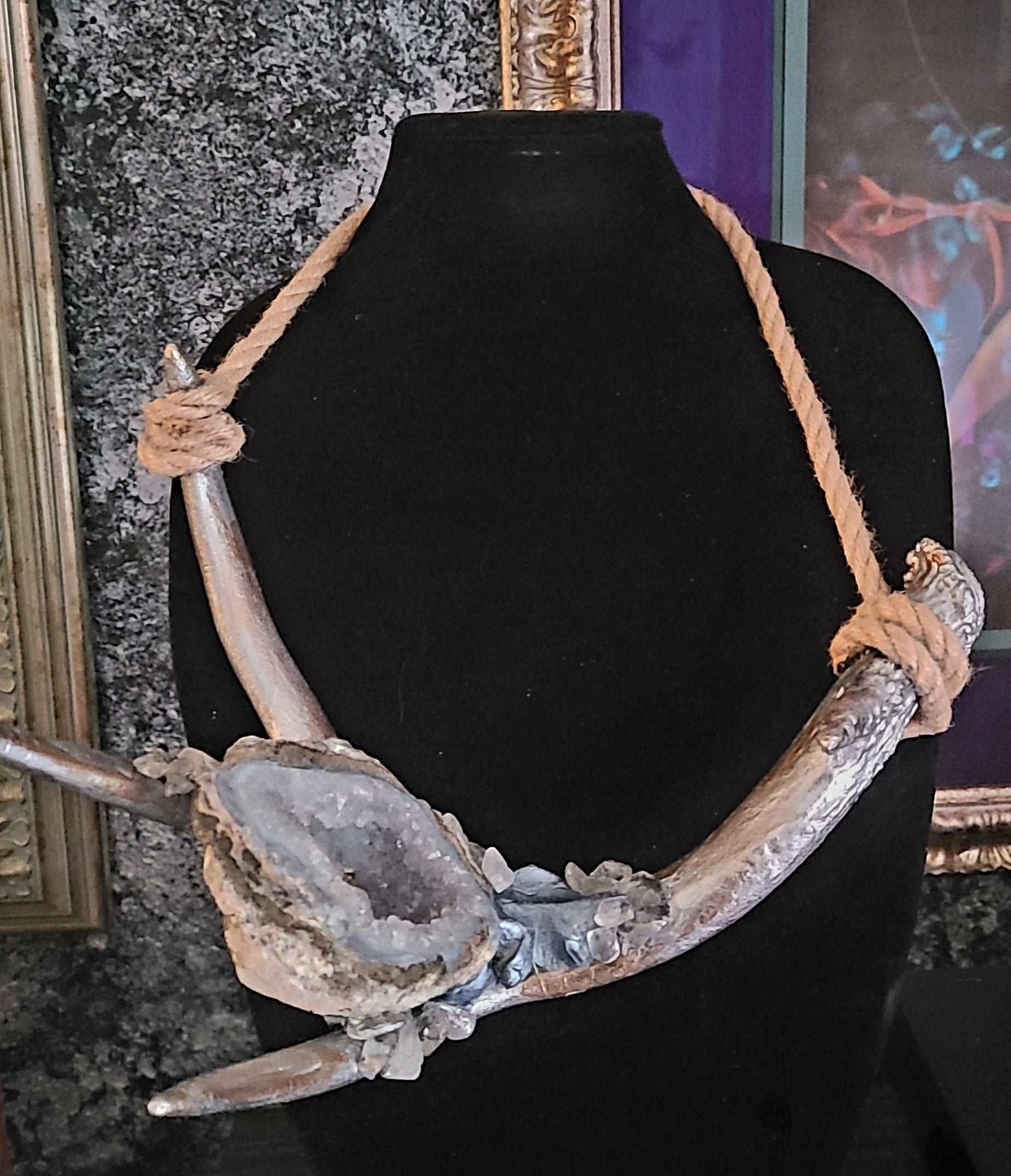 Antler & Geode Druzy Avant Garde Unisex Chest Piece, Organic Jewelry for Photoshoots, Horn and Gemstone Silver Metallic Necklace, Jute Rope Amulet
