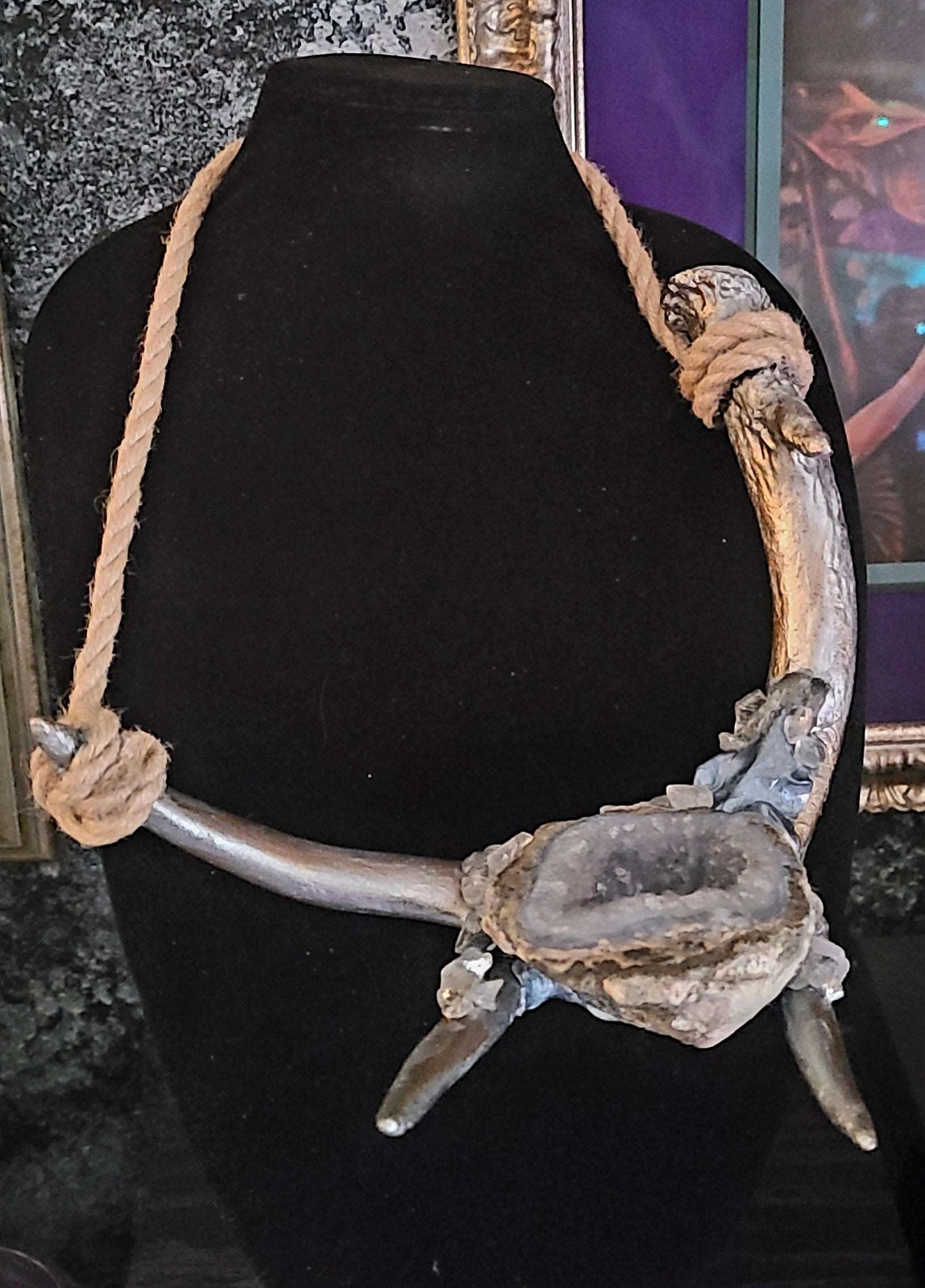 Antler & Geode Druzy Avant Garde Unisex Chest Piece, Organic Jewelry for Photoshoots, Horn and Gemstone Silver Metallic Necklace, Jute Rope Amulet