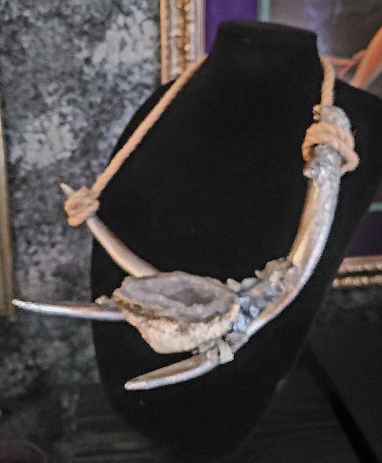 Antler & Geode Druzy Avant Garde Unisex Chest Piece, Organic Jewelry for Photoshoots, Horn and Gemstone Silver Metallic Necklace, Jute Rope Amulet