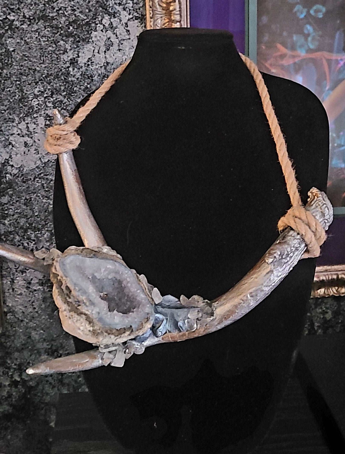 Antler & Geode Druzy Avant Garde Unisex Chest Piece, Organic Jewelry for Photoshoots, Horn and Gemstone Silver Metallic Necklace, Jute Rope Amulet