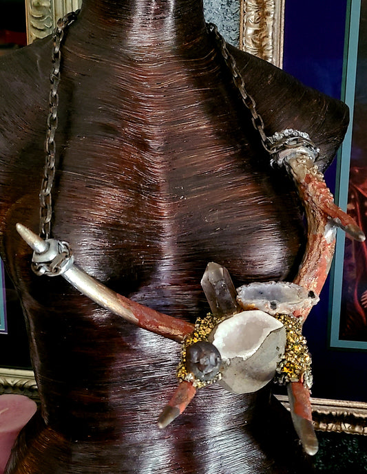 Luxury Necklace Bib Avant Garde Sculpted Antler Gemstone, Eccentric
