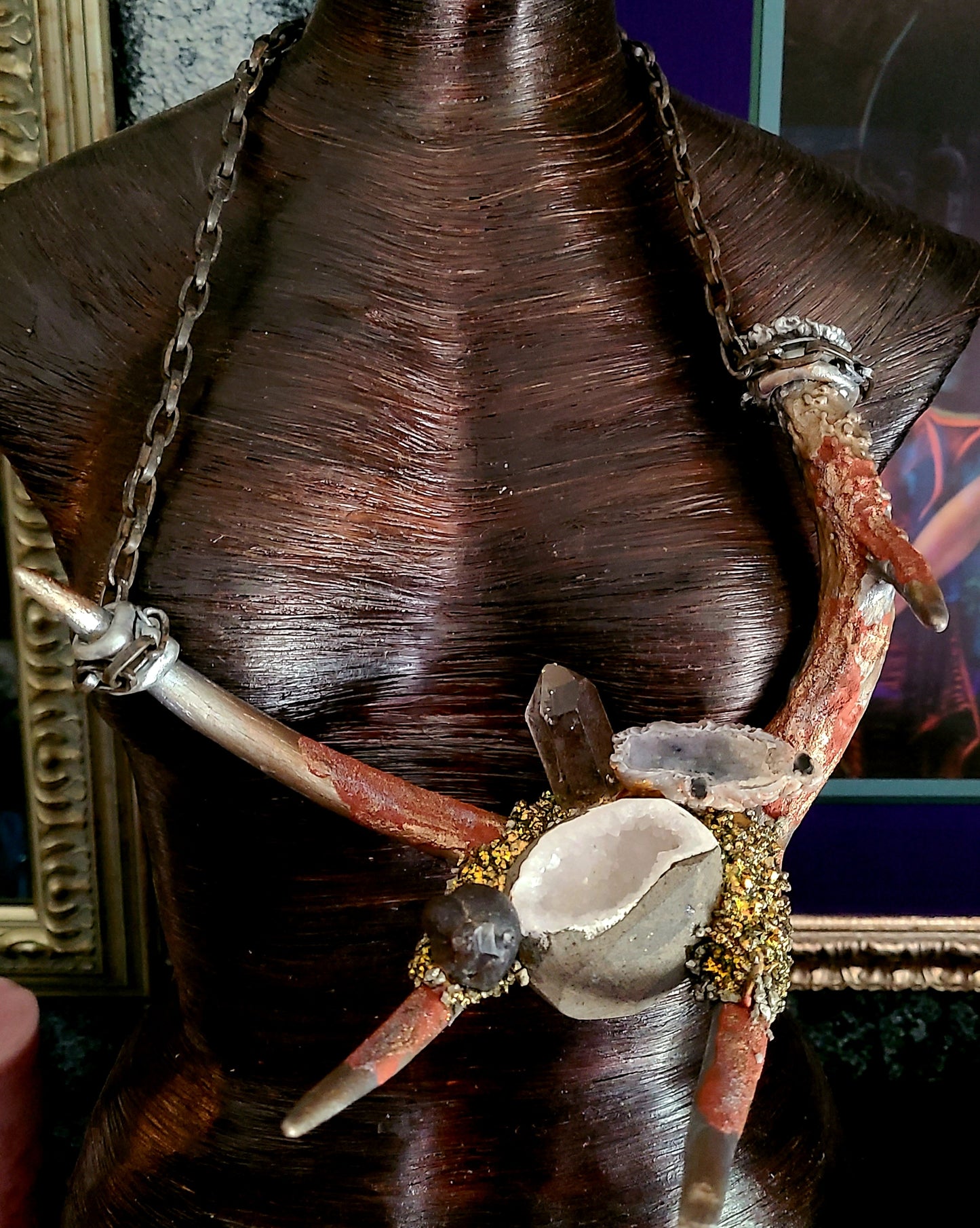 Luxury Necklace Bib Avant Garde Sculpted Antler Gemstone, Eccentric