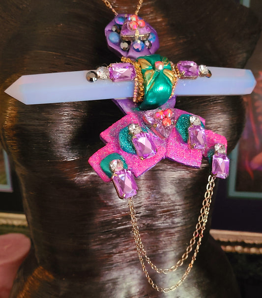 Sculpted Opalescent Quartz Art Deco Statement Gemstone Pendant, Gatsby