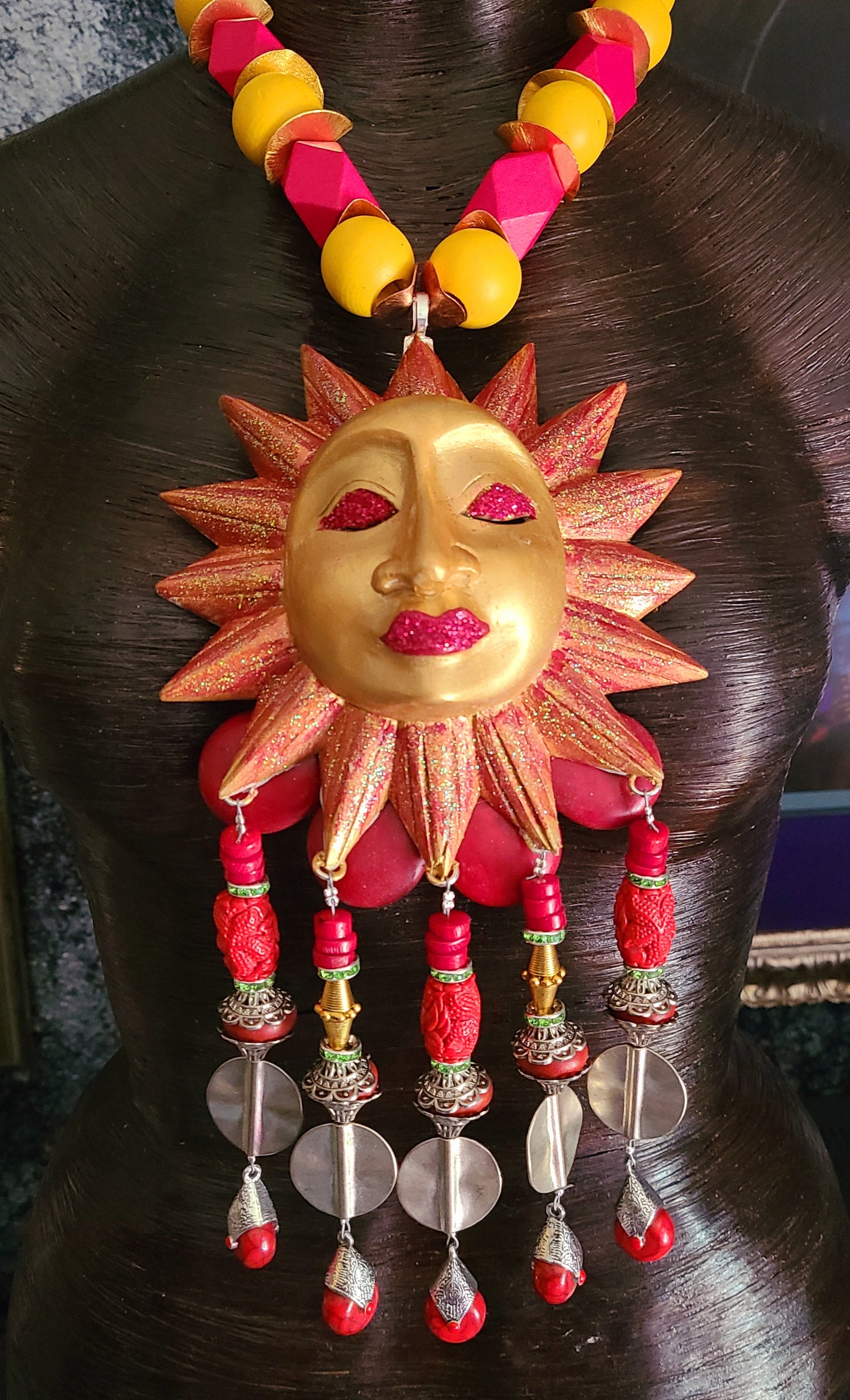 Golden Red Sun Chest Piece With Beaded Dangles Folklore Inspired