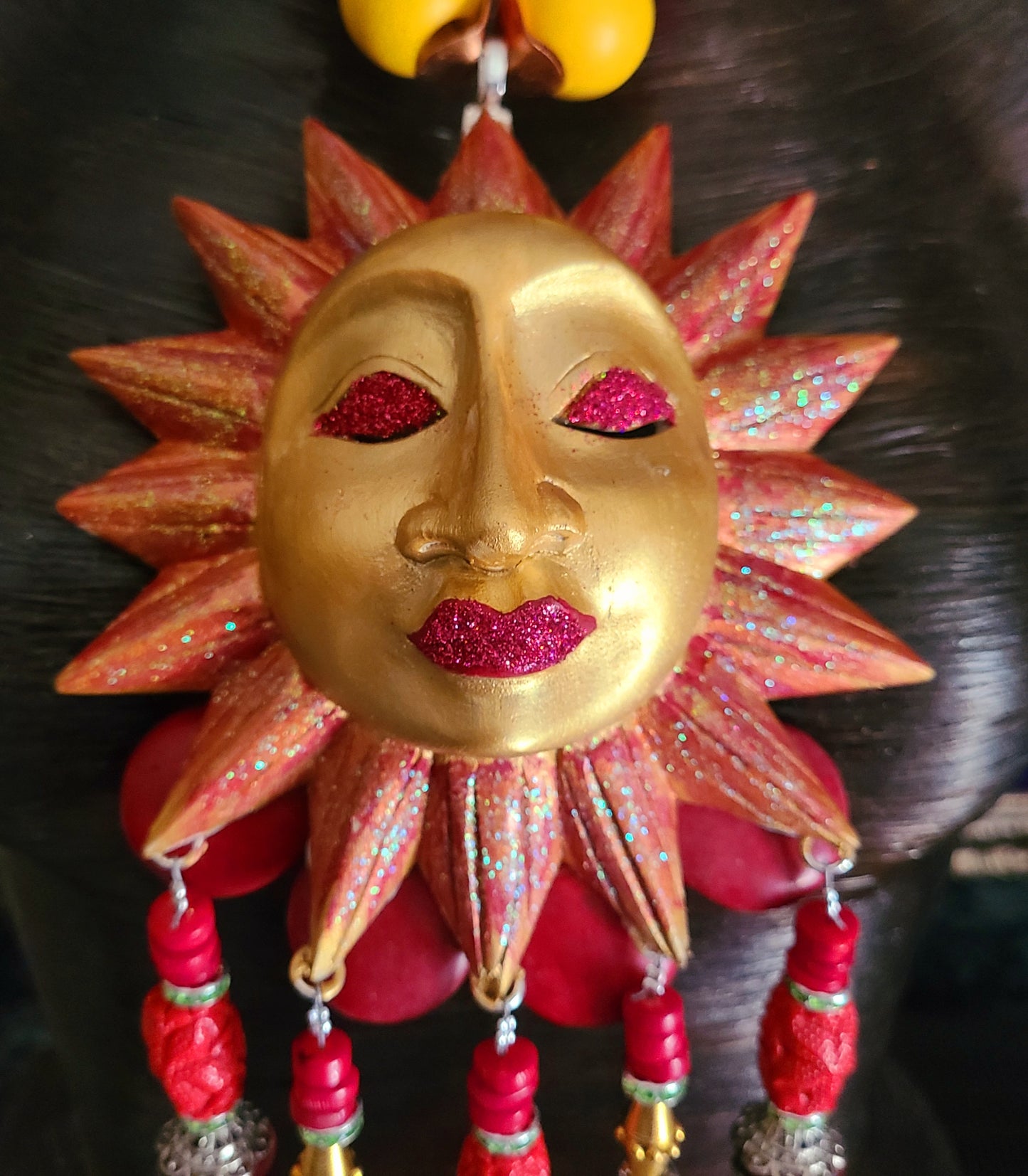 Golden Red Sun Chest Piece With Beaded Dangles Folklore Inspired