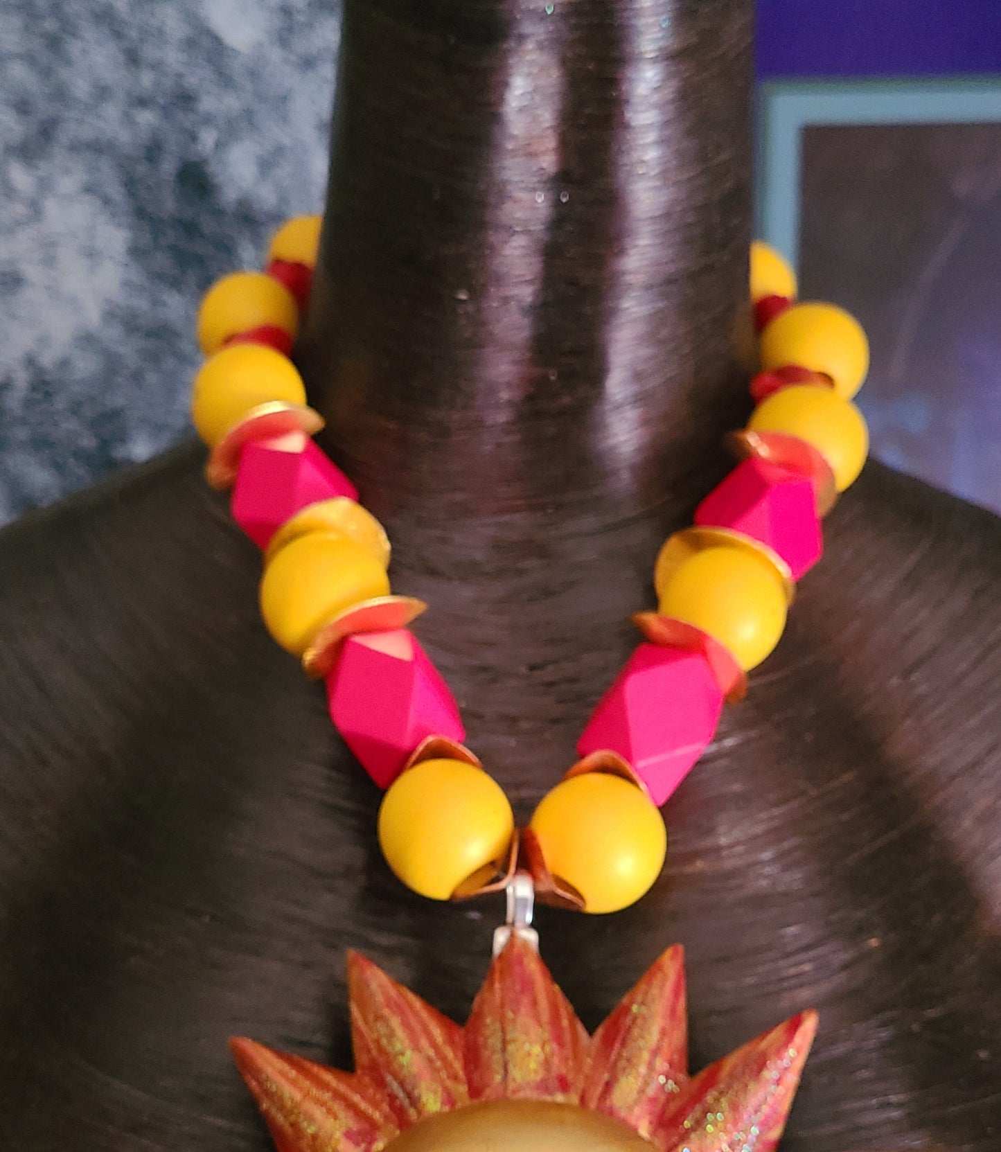 Golden Red Sun Chest Piece With Beaded Dangles Folklore Inspired