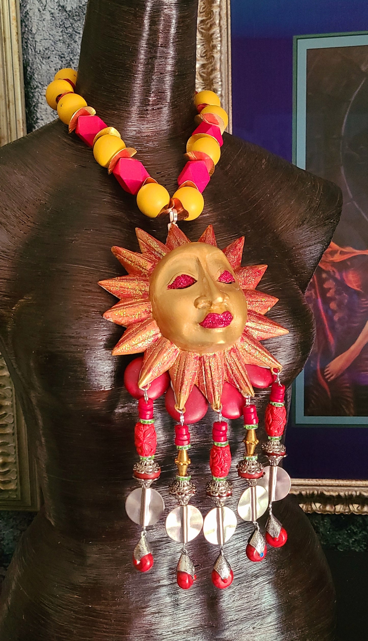 Golden Red Sun Chest Piece With Beaded Dangles Folklore Inspired