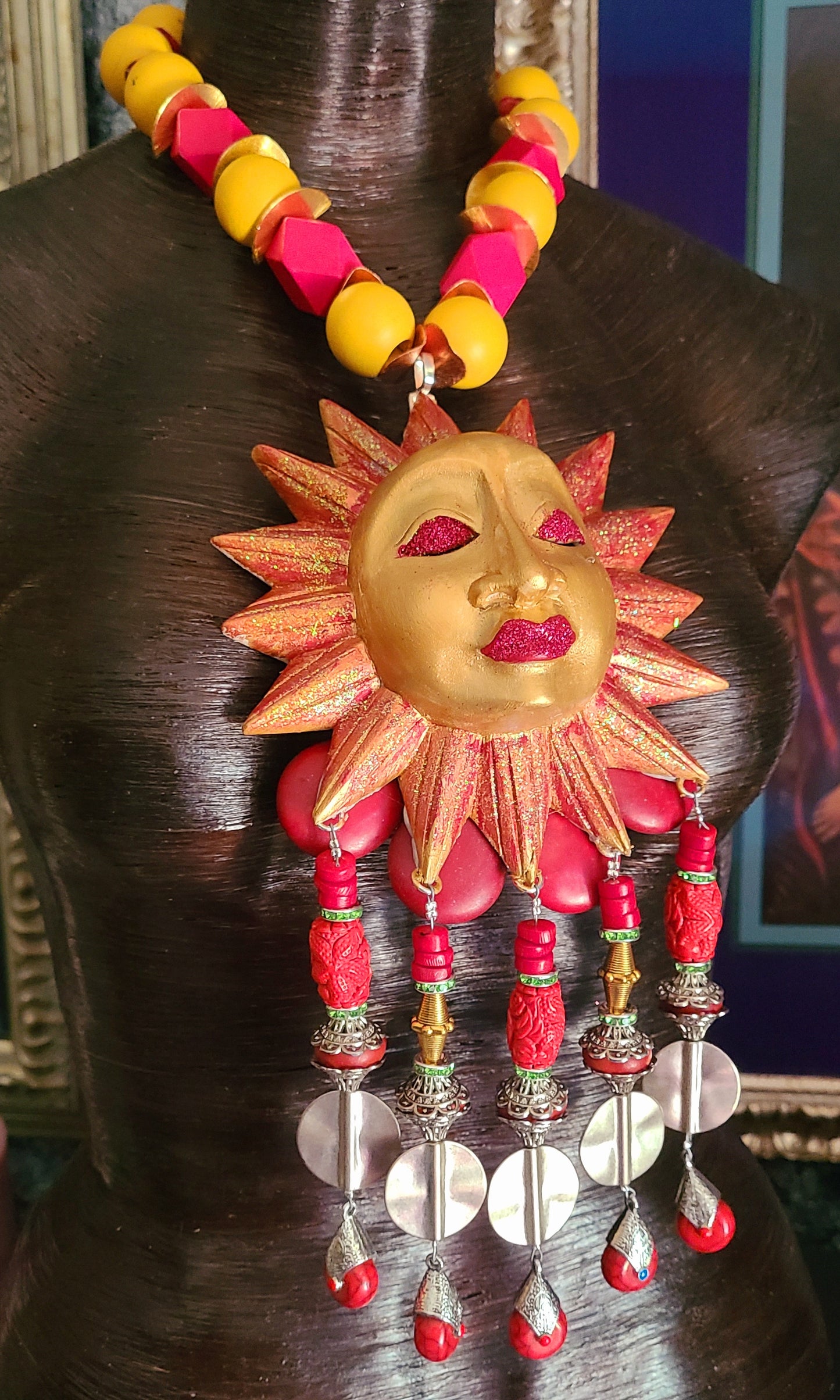 Golden Red Sun Chest Piece With Beaded Dangles Folklore Inspired