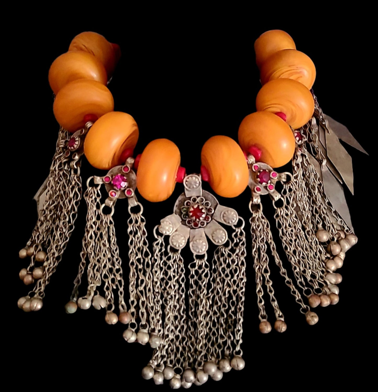 Oversized Honey Resin Tribal Statement Necklace & Kuchi Turkman Dangles