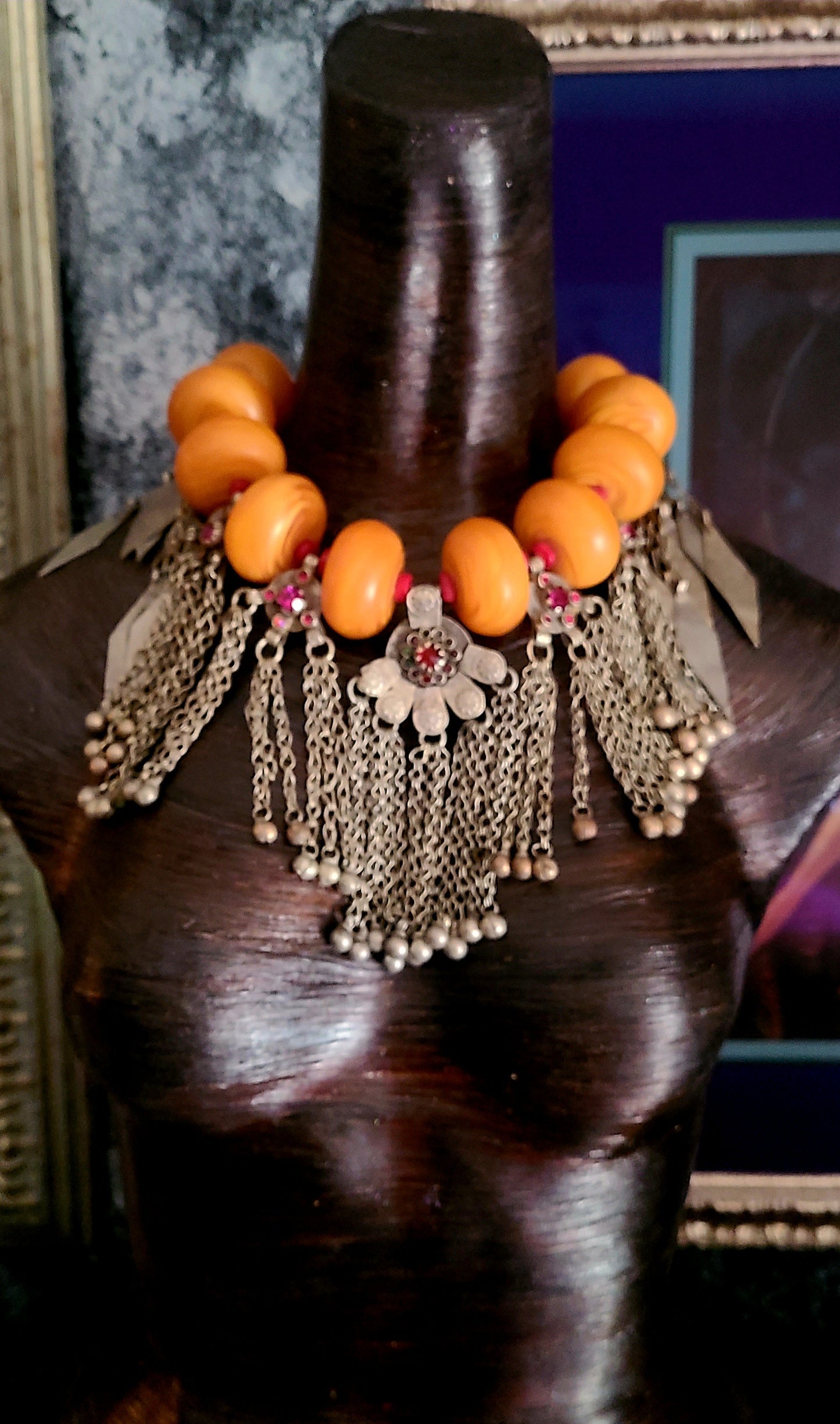 Oversized Honey Resin Tribal Statement Necklace & Kuchi Turkman Dangles