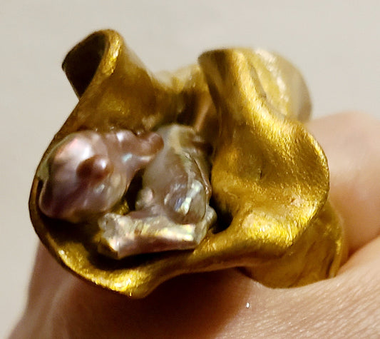 Gold Metallic Hand Sculpted Freshwater Pearl Statement Ring Size 7,