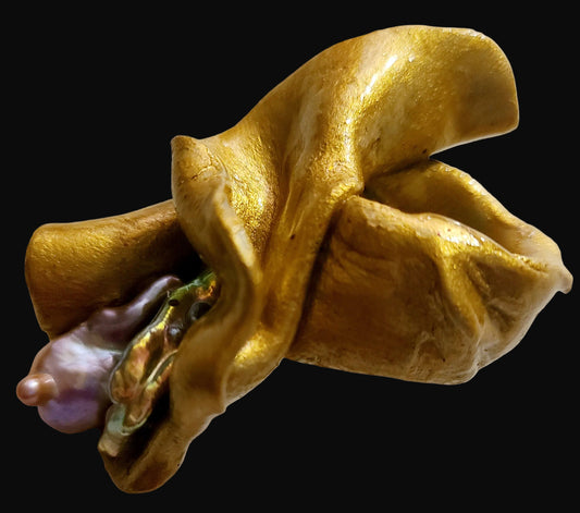 Gold Metallic Sculpted Freshwater Pearl Statement Ring - Luxury