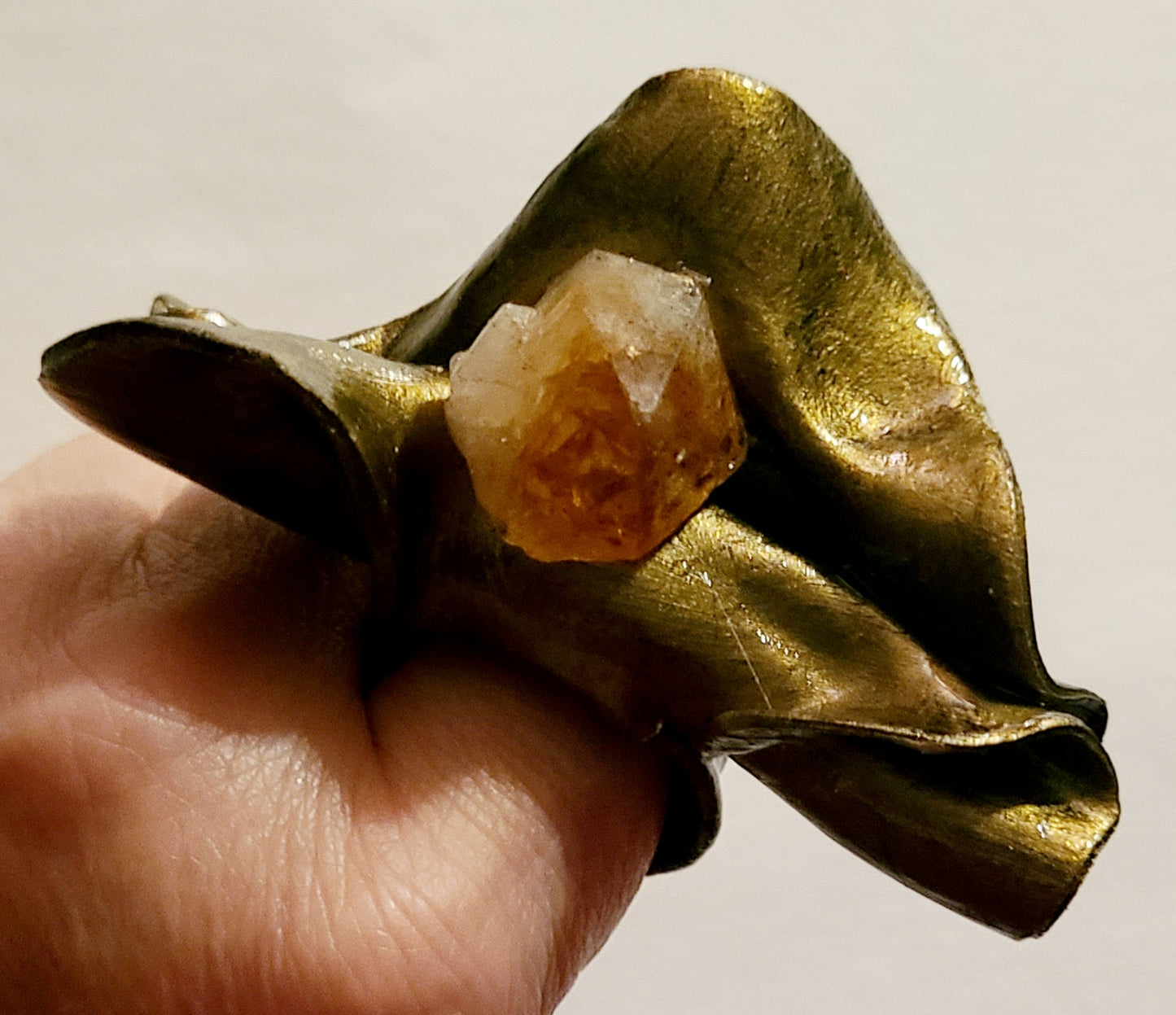 Sensuous Sculpted Faux Golden Bronze Statement Ring & Citrine Point