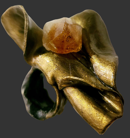 Sensuous Sculpted Faux Golden Bronze Statement Ring & Citrine Point