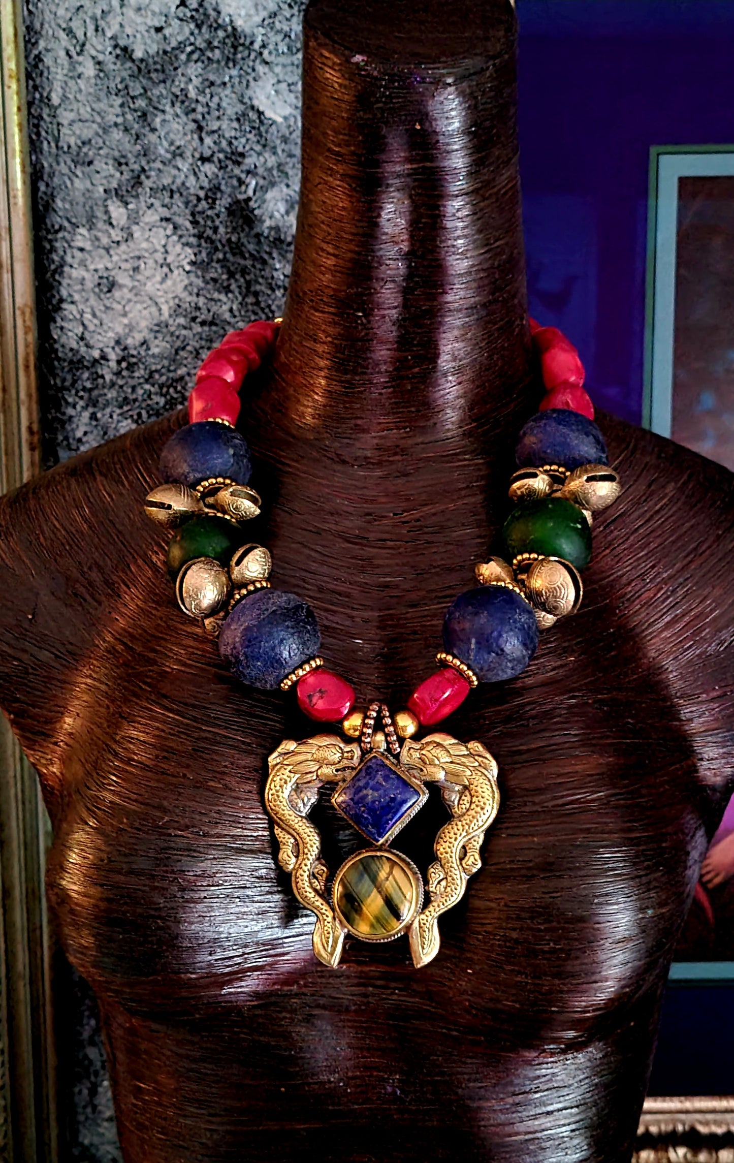 Luxury Tribal Beaded Statement Necklace - Double Dragon Brass Pendant