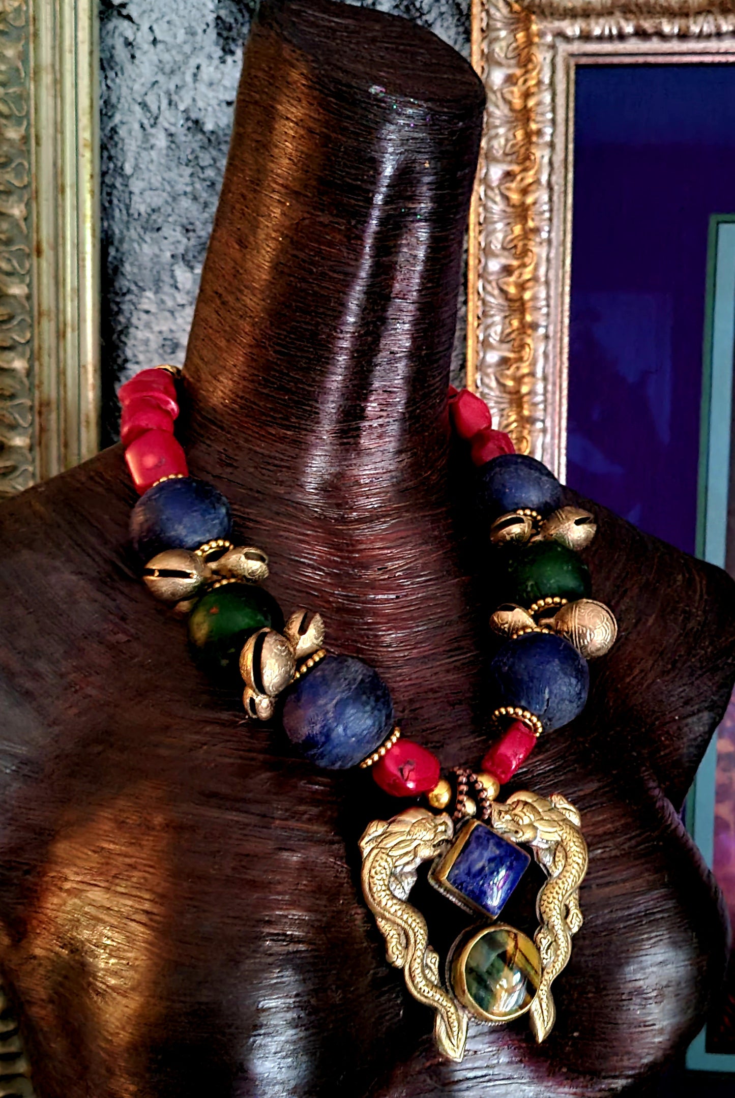 Luxury Tribal Beaded Statement Necklace - Double Dragon Brass Pendant