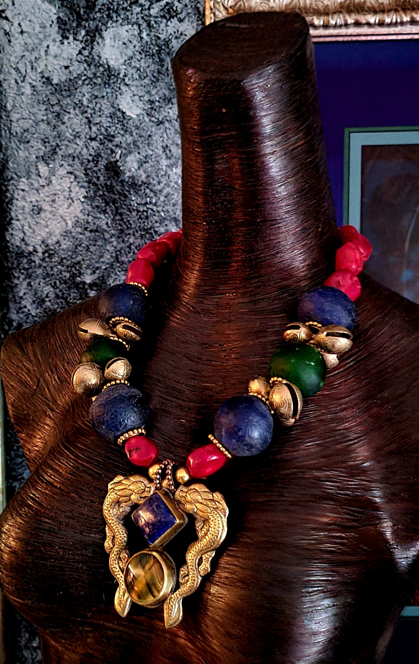 Luxury Tribal Beaded Statement Necklace - Double Dragon Brass Pendant