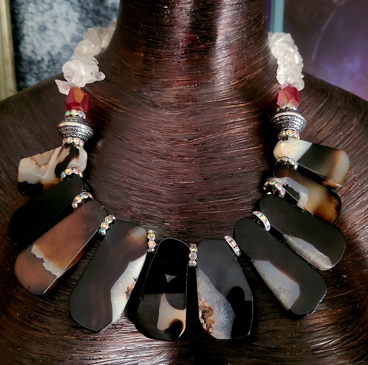 Earth Tone Polished Agate Slab Statement Luxury Necklace, Rough Crysta