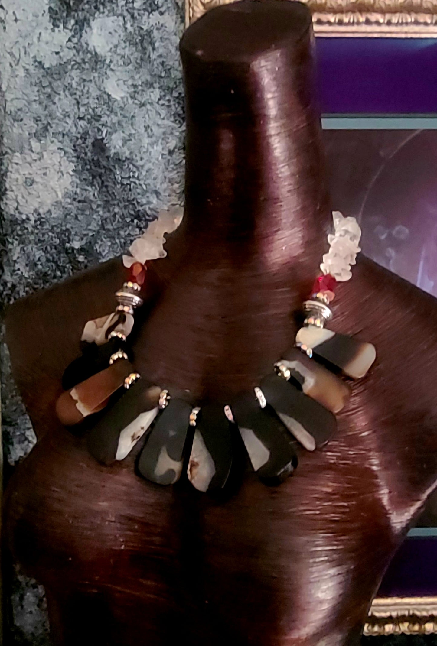 Earth Tone Polished Agate Slab Statement Luxury Necklace, Rough Crysta