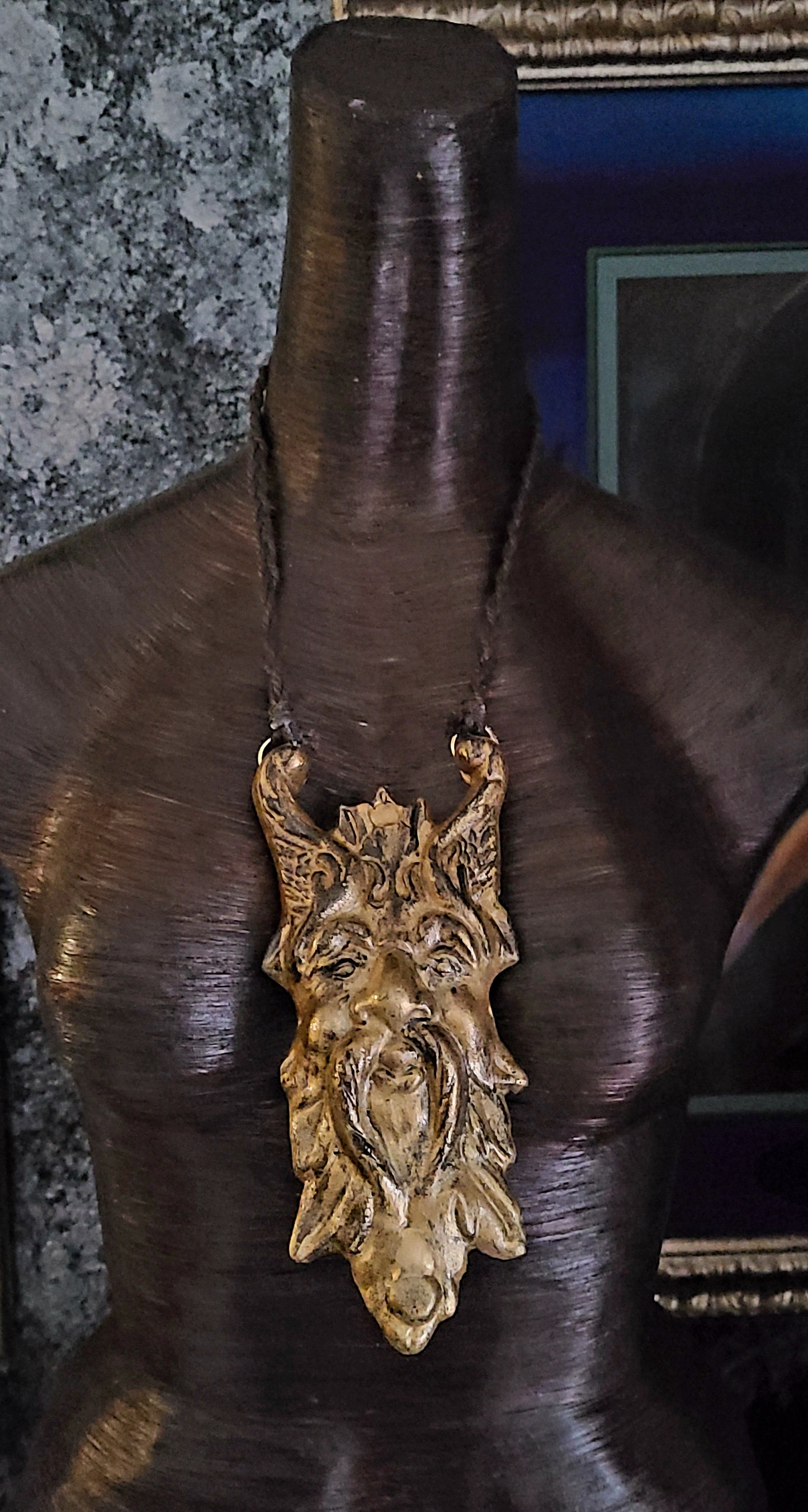 Cast Iron Faux Gold Metallic Father Time Gemstone Pendant, Aged Man Ch
