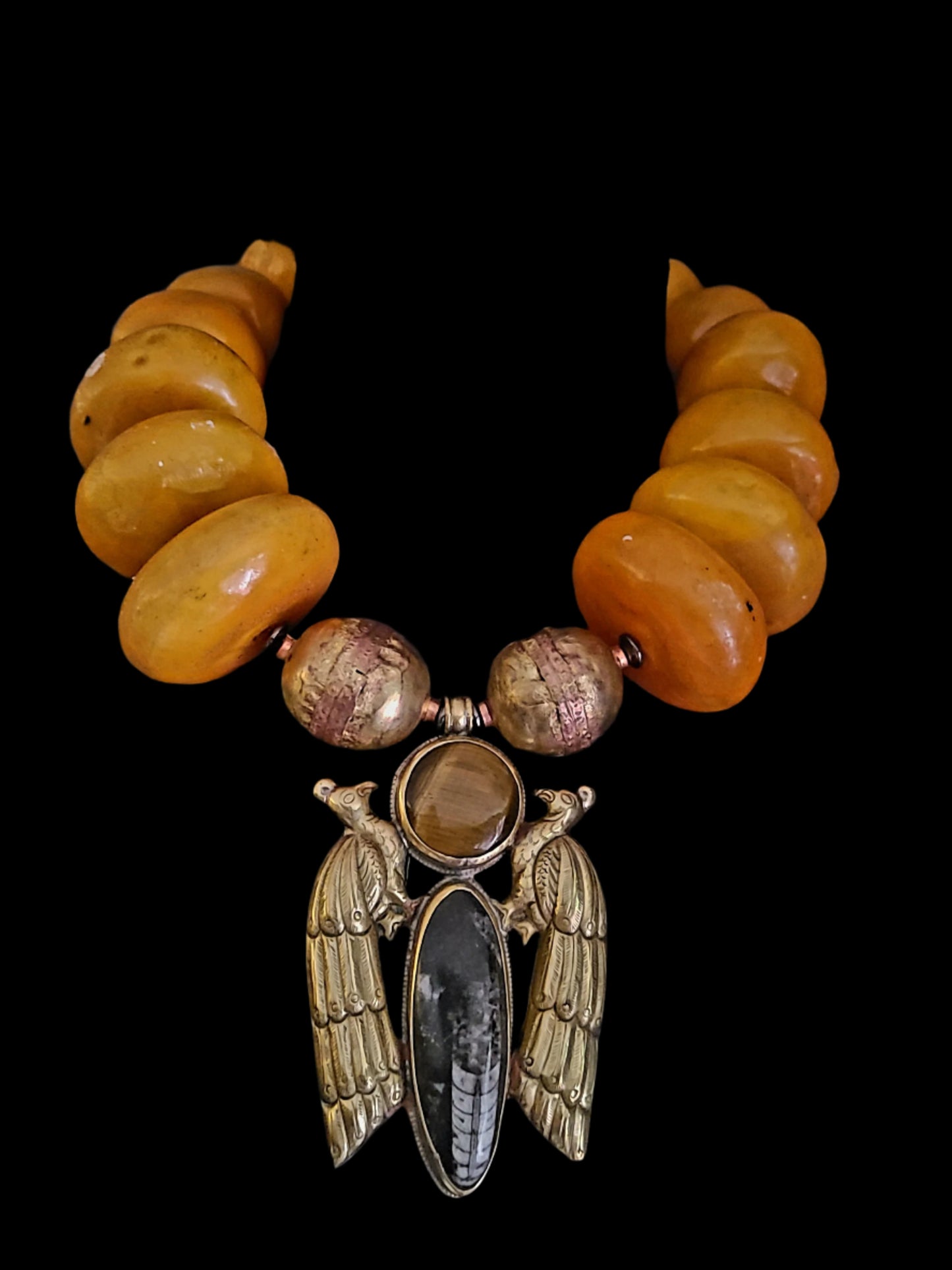 Luxury Moroccan Resin & Ethiopian Copper Tribal Necklace with Double Peacock Pendant