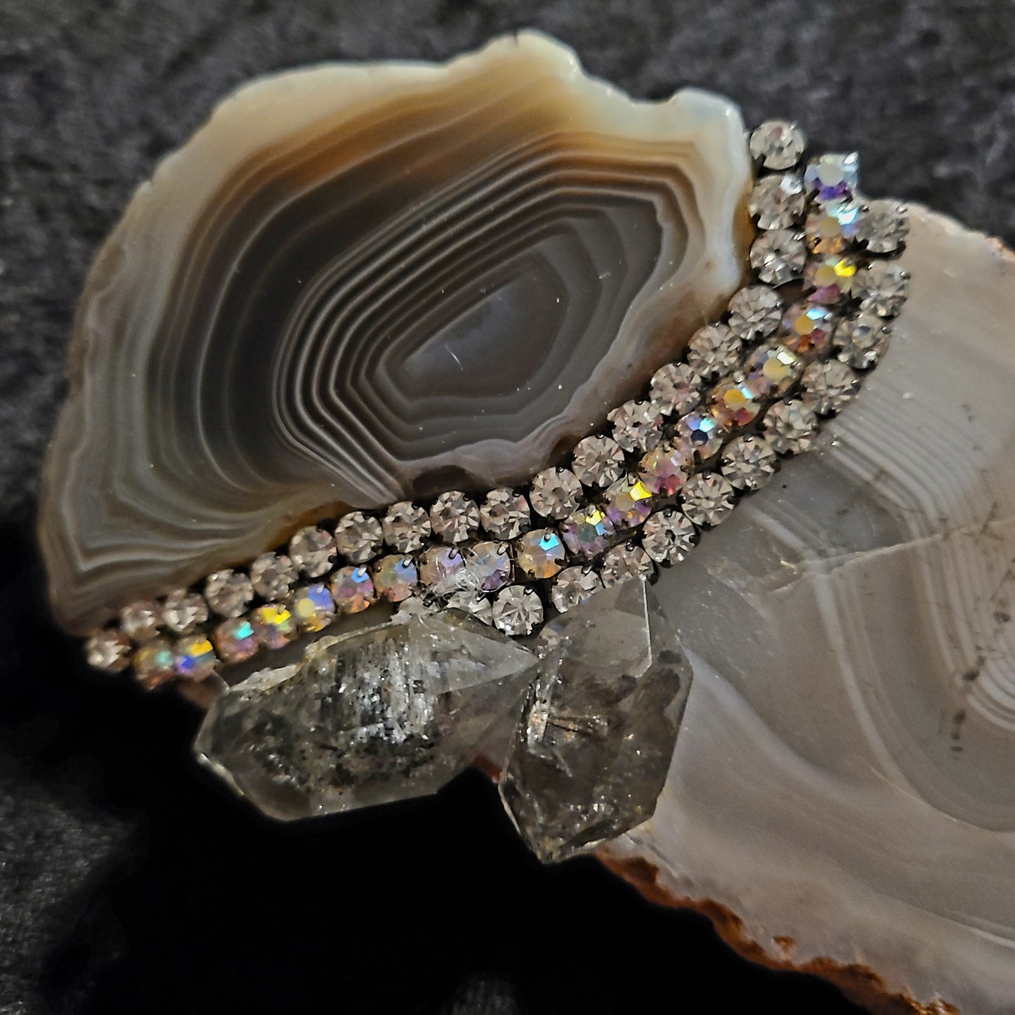 Statement Ring Agate Slab Gray Crystals & Rhinestones, Hand Cocktai