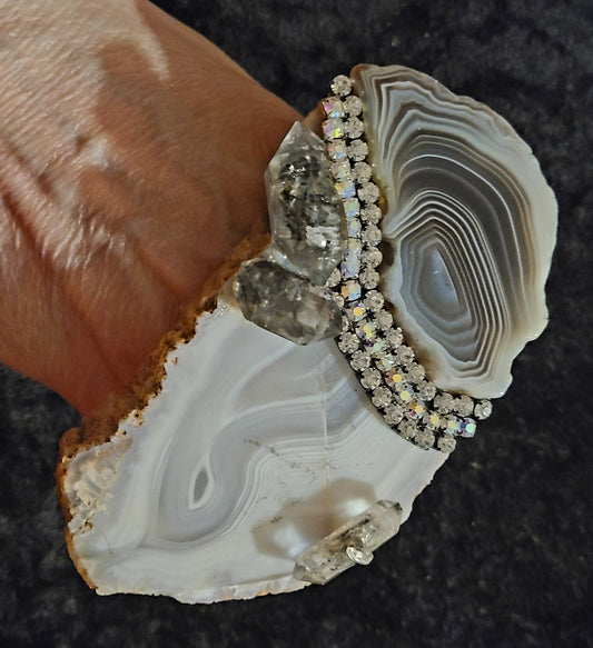 Statement Ring Agate Slab Gray Crystals & Rhinestones, Hand Cocktai