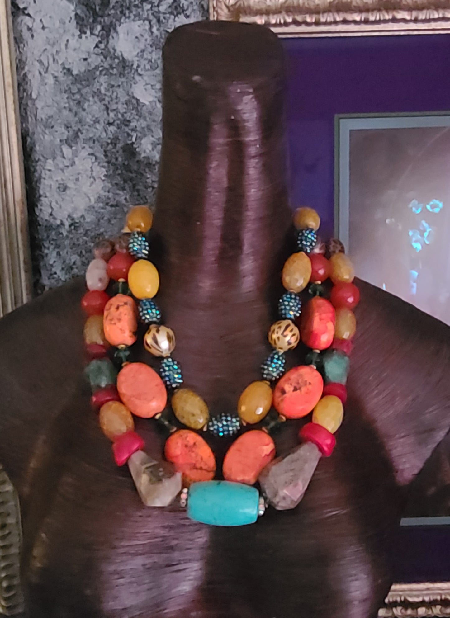 Bold Chunky & Heavy Mixed Gemstone Statement Luxury Necklace Triple