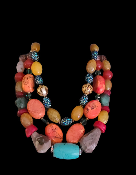 Bold Artisan Gemstone Collar - Triple Strand Statement Piece