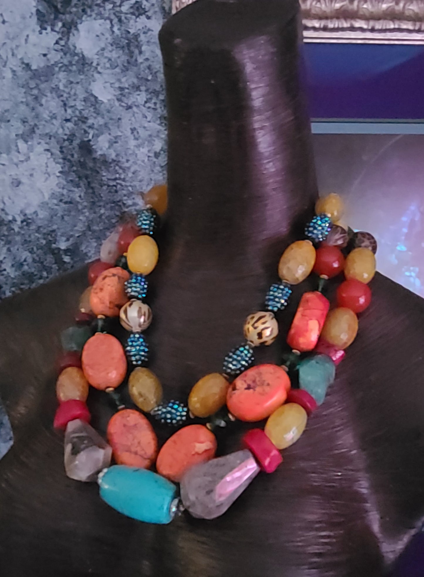 Bold Chunky & Heavy Mixed Gemstone Statement Luxury Necklace Triple
