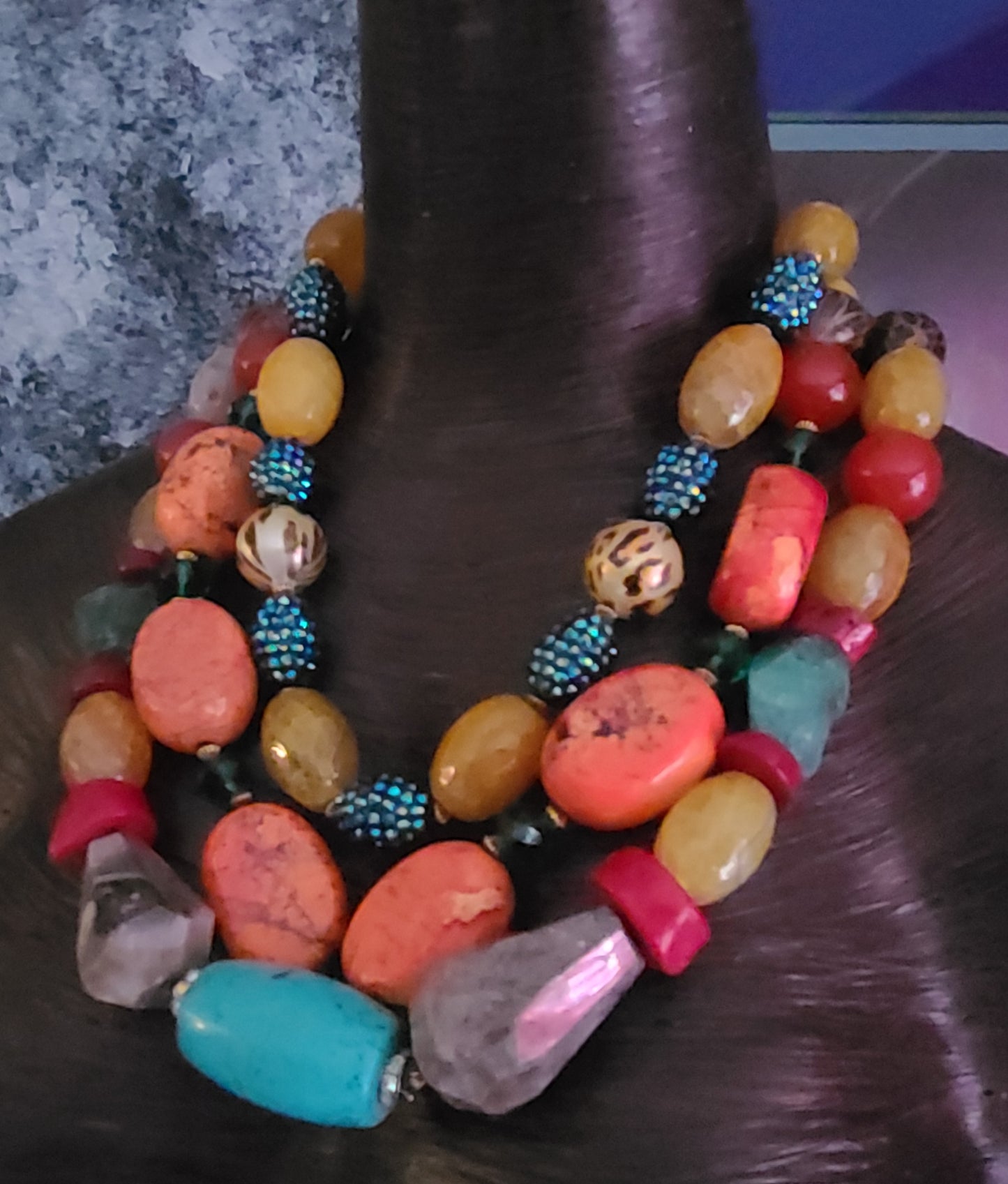 Bold Chunky & Heavy Mixed Gemstone Statement Luxury Necklace Triple