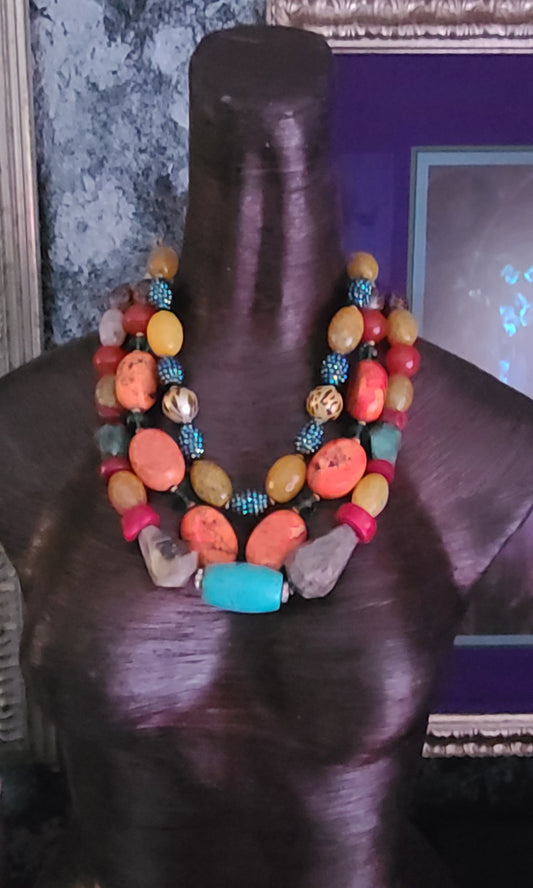 Bold Chunky & Heavy Mixed Gemstone Statement Luxury Necklace Triple