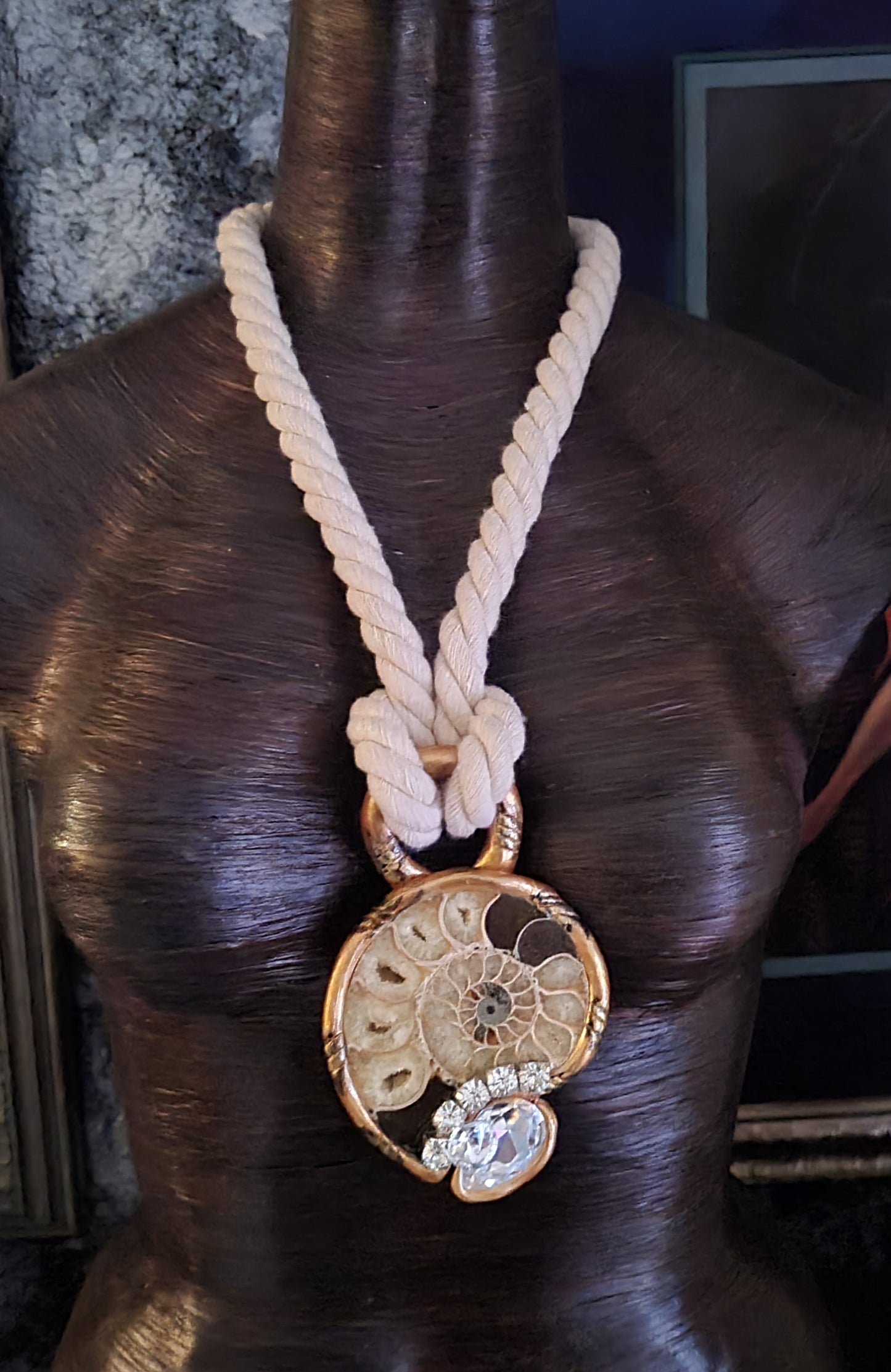 Gemstone Pendant Rope Cotten Ammonite Rhinestone, Talisman Earthy Preh
