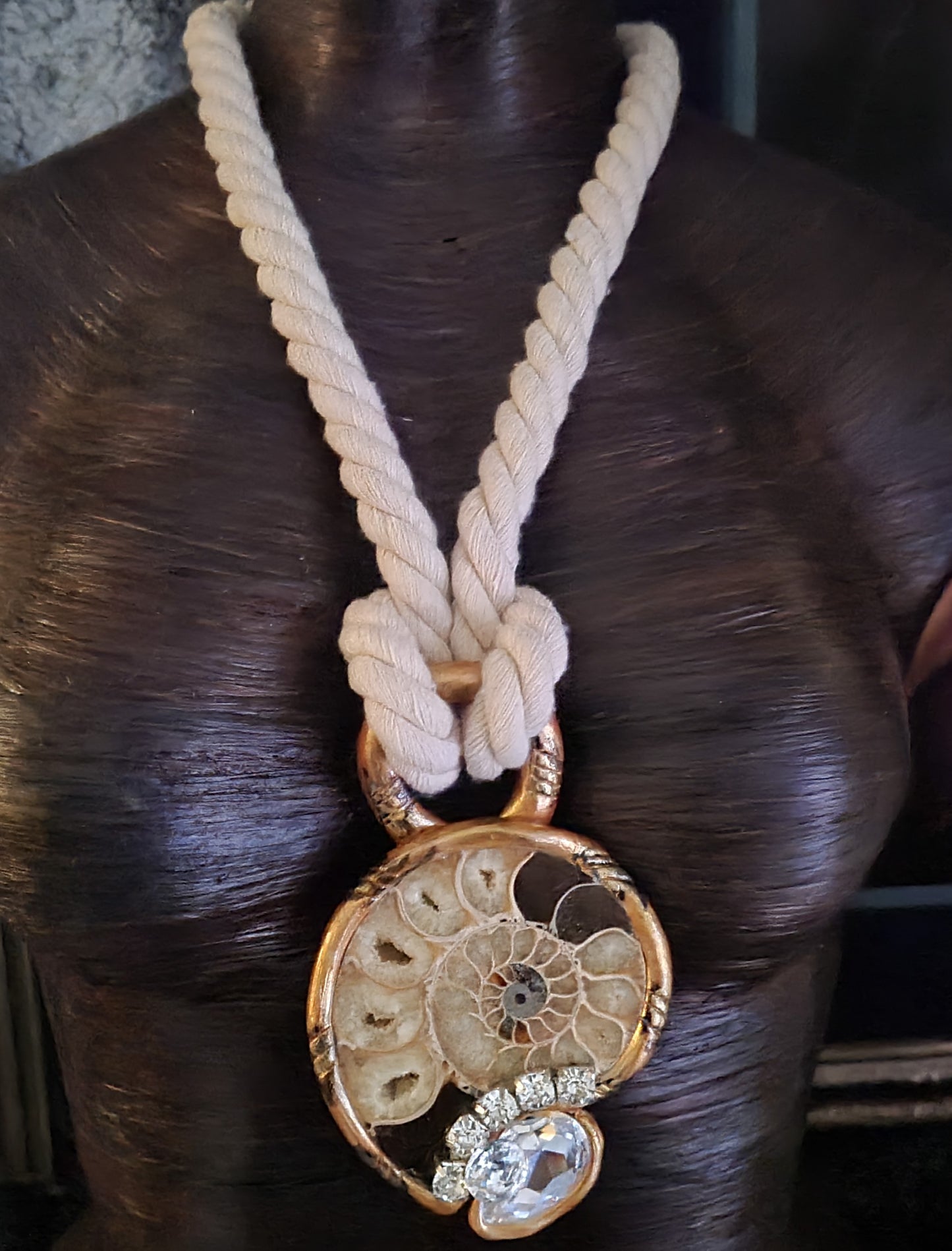 Ammonite Rhinestone Sculpted Unisex Pendant With Beige Rope - OOAK Art