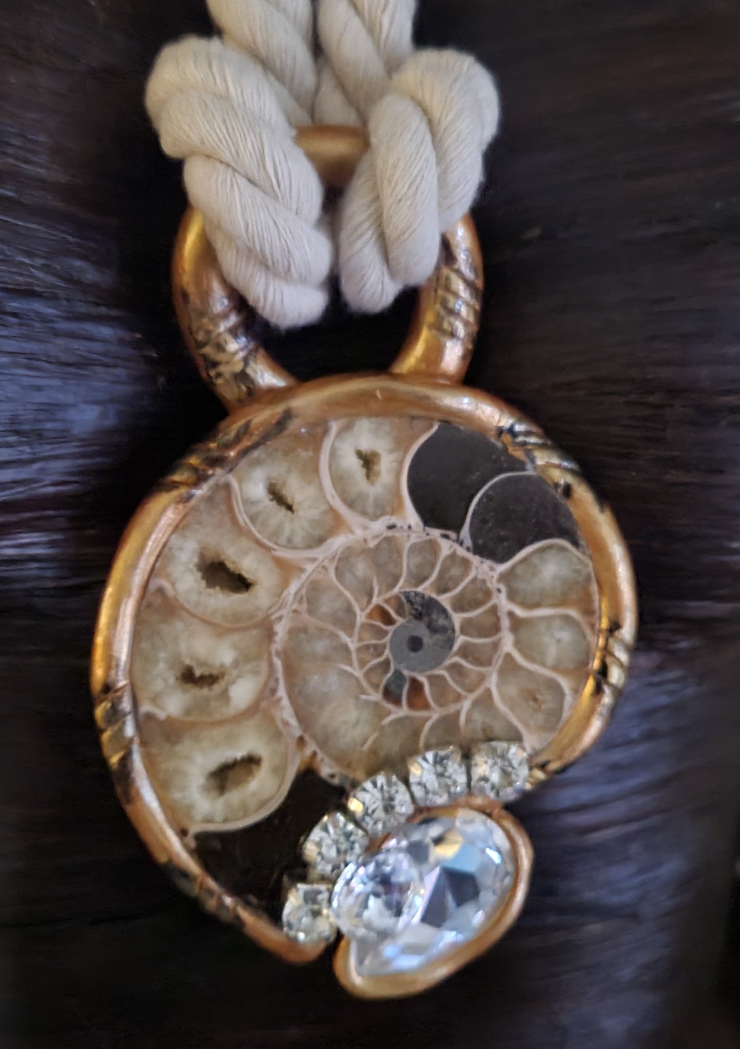 Gemstone Pendant Rope Cotten Ammonite Rhinestone, Talisman Earthy Preh