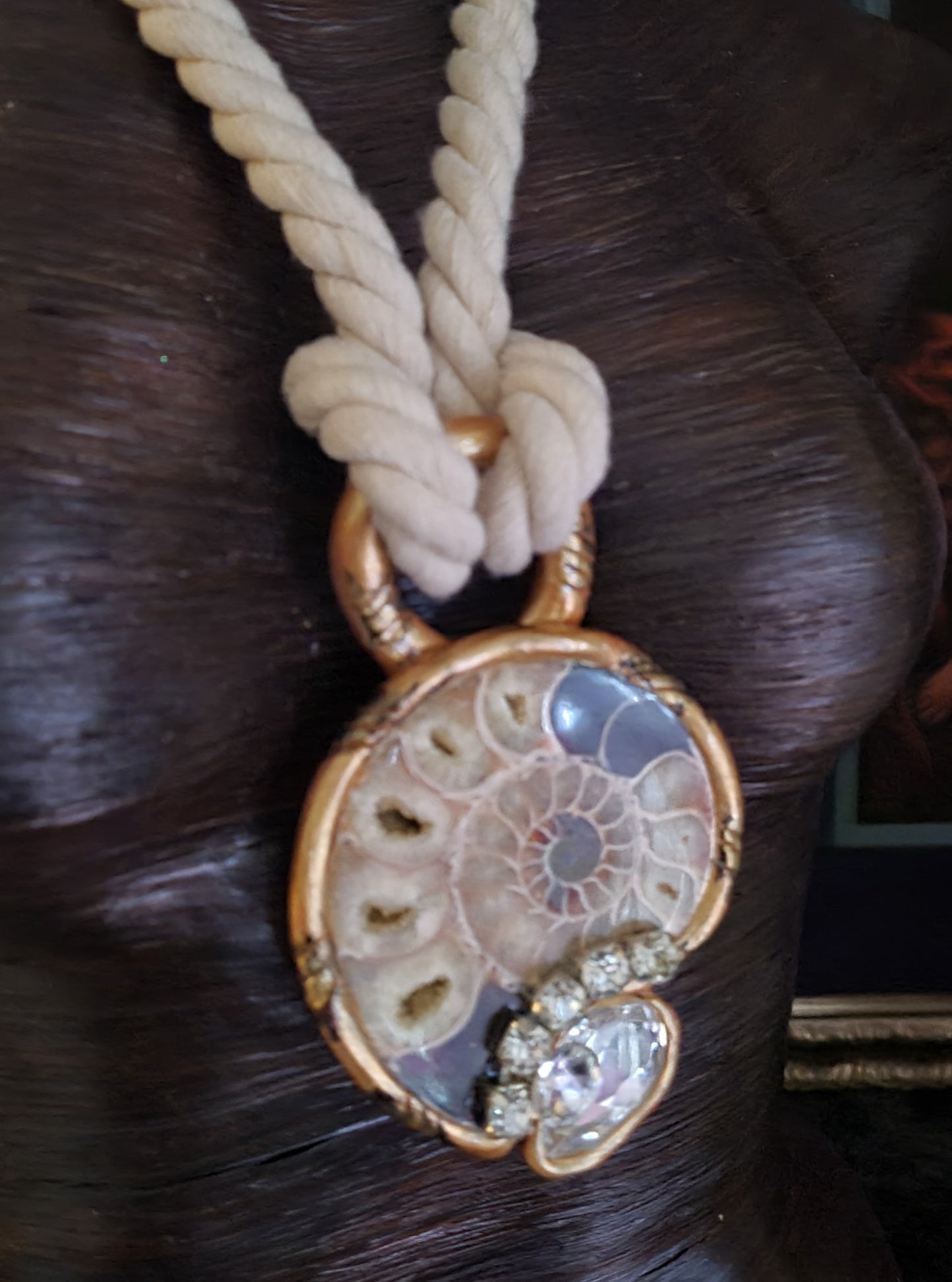 Gemstone Pendant Rope Cotten Ammonite Rhinestone, Talisman Earthy Preh