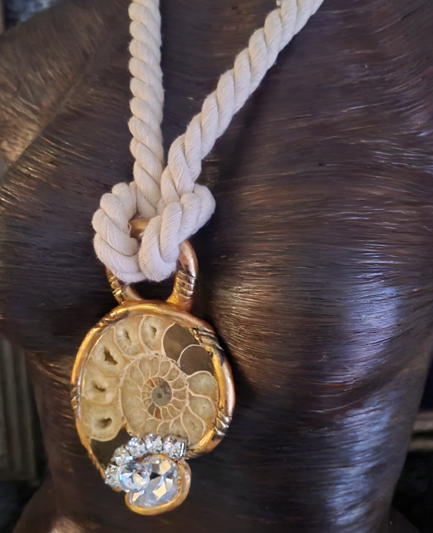 Gemstone Pendant Rope Cotten Ammonite Rhinestone, Talisman Earthy Preh