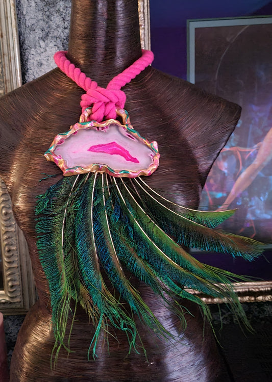 Exotic Pink Agate Peacock Sword Feather Rope Chest Piece, Avant Gar