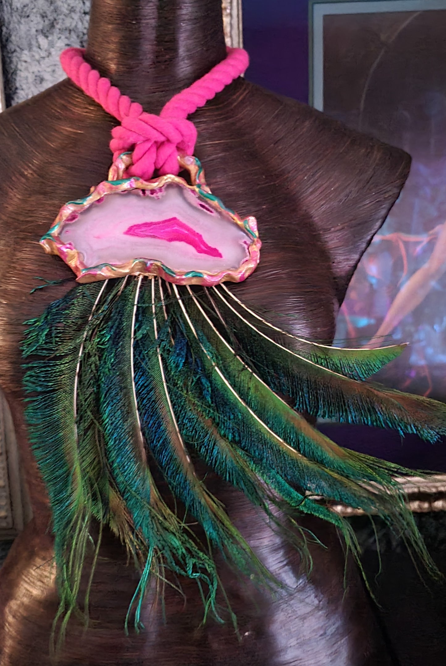 Exotic Pink Agate Peacock Sword Feather Rope Chest Piece, Avant Gar